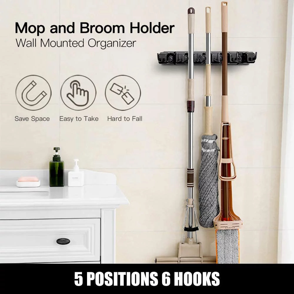 "5-Position Heavy Duty Wall Mount Broom Holder Organizer for Home Cleaning Supplies"