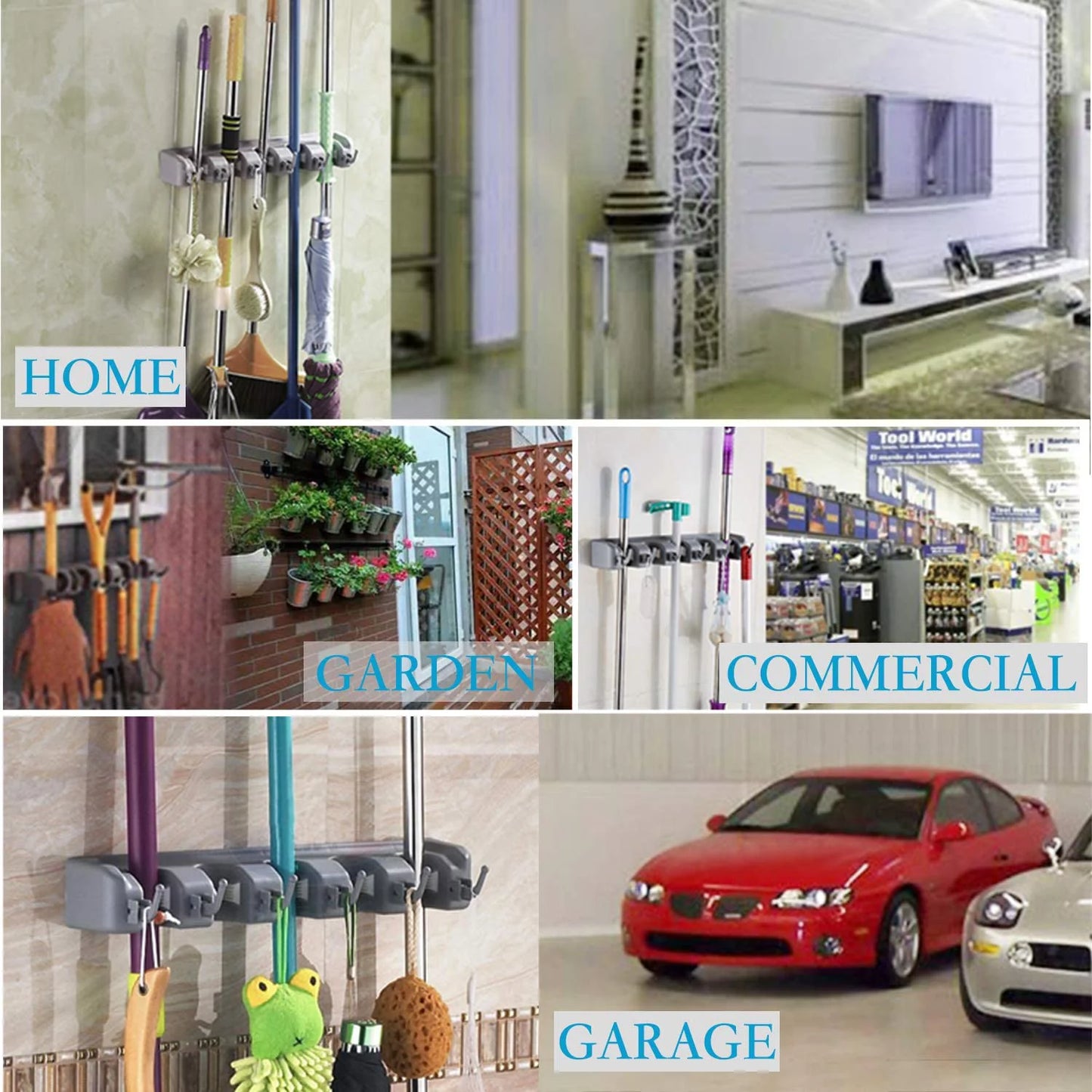 "5-Position Heavy Duty Wall Mount Broom Holder Organizer for Home Cleaning Supplies"