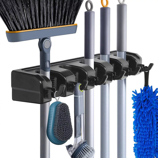 "5-Position Heavy Duty Wall Mount Broom Holder Organizer for Home Cleaning Supplies"