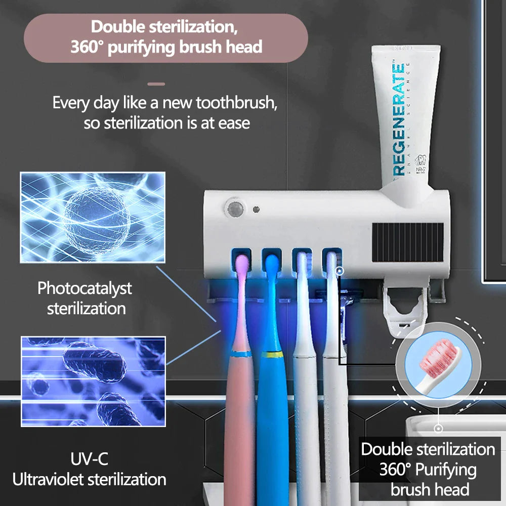 UV Light Sterilizer Toothbrush Holder Cleaner & Automatic Toothpaste Dispenser