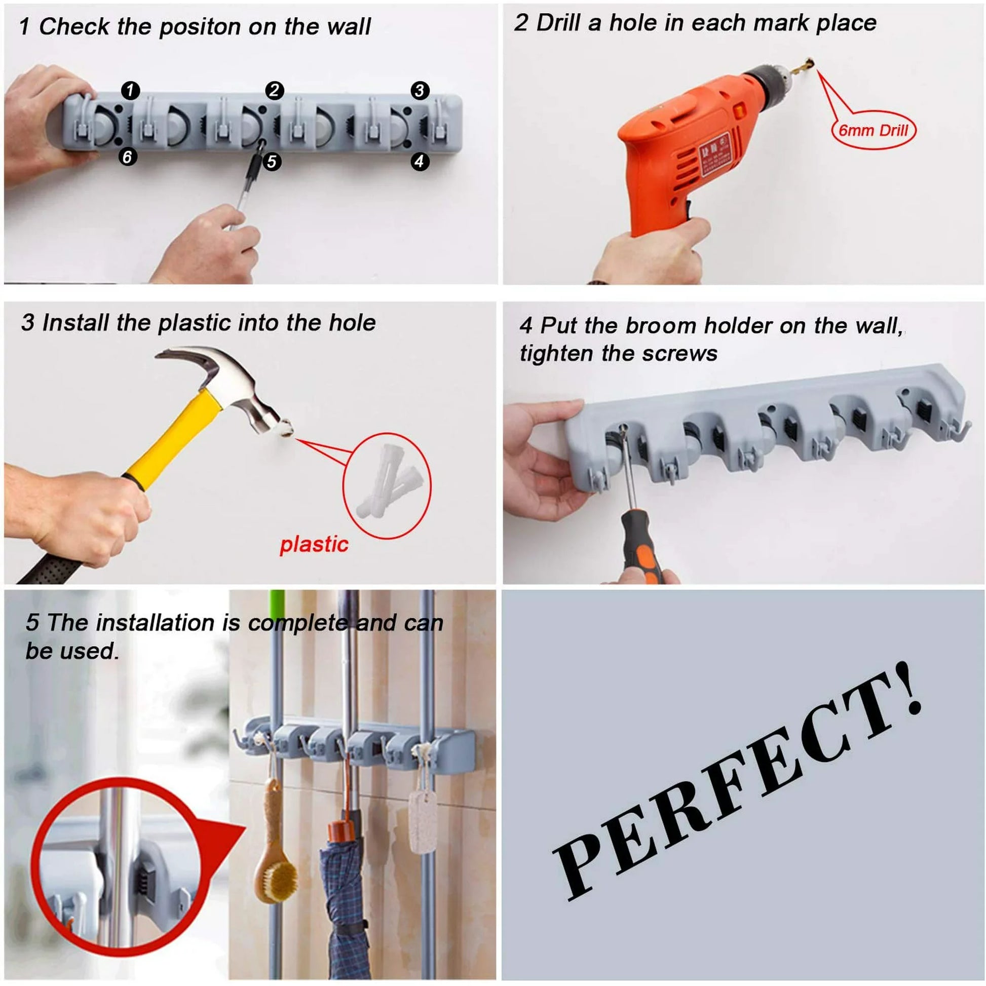 "5-Position Heavy Duty Wall Mount Broom Holder Organizer for Home Cleaning Supplies"